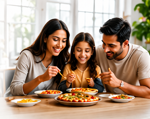 Happy family enjoying food